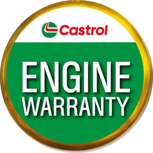 A round badge with a gold border. The top section shows the Castrol logo and name on a white background. The bottom green section reads ENGINE WARRANTY in bold white letters. EuroMechanic | McDermott Motors Auto | Top Reviewed Auto Repair Shop in Toronto | Visit mcdermottmotors.com