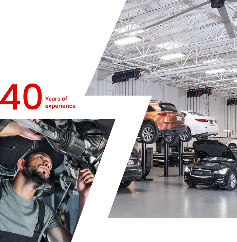 A mechanic inspects the underside of a vehicle. To the right, a large garage in Toronto shows cars lifted on hydraulic platforms, with their hoods open. Text: 40 Years of Auto Repair Experience in bold red letters. EuroMechanic | McDermott Motors Auto | Top Reviewed Auto Repair Shop in Toronto | Visit mcdermottmotors.com