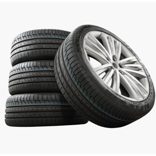 Four stacked car tires with visible treads and one angled to reveal a sleek silver alloy wheel—perfect for any auto repair mechanics in Toronto. The tires feature gentle light reflections and blue stripes against a plain white background. EuroMechanic | McDermott Motors Auto | Top Reviewed Auto Repair Shop in Toronto | Visit mcdermottmotors.com