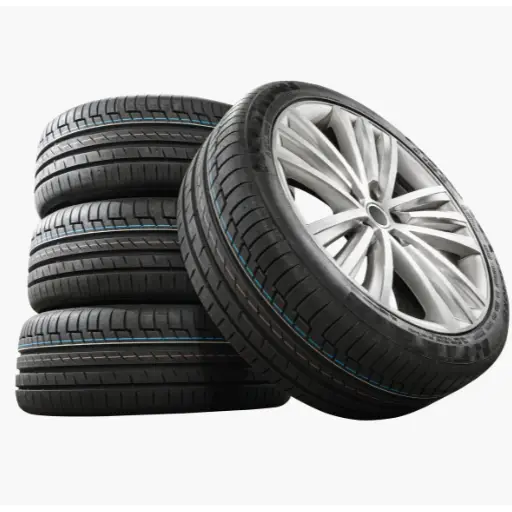 Four stacked car tires with visible treads and one angled to reveal a sleek silver alloy wheel—perfect for any auto repair mechanics in Toronto. The tires feature gentle light reflections and blue stripes against a plain white background. EuroMechanic | McDermott Motors Auto | Top Reviewed Auto Repair Shop in Toronto | Visit mcdermottmotors.com