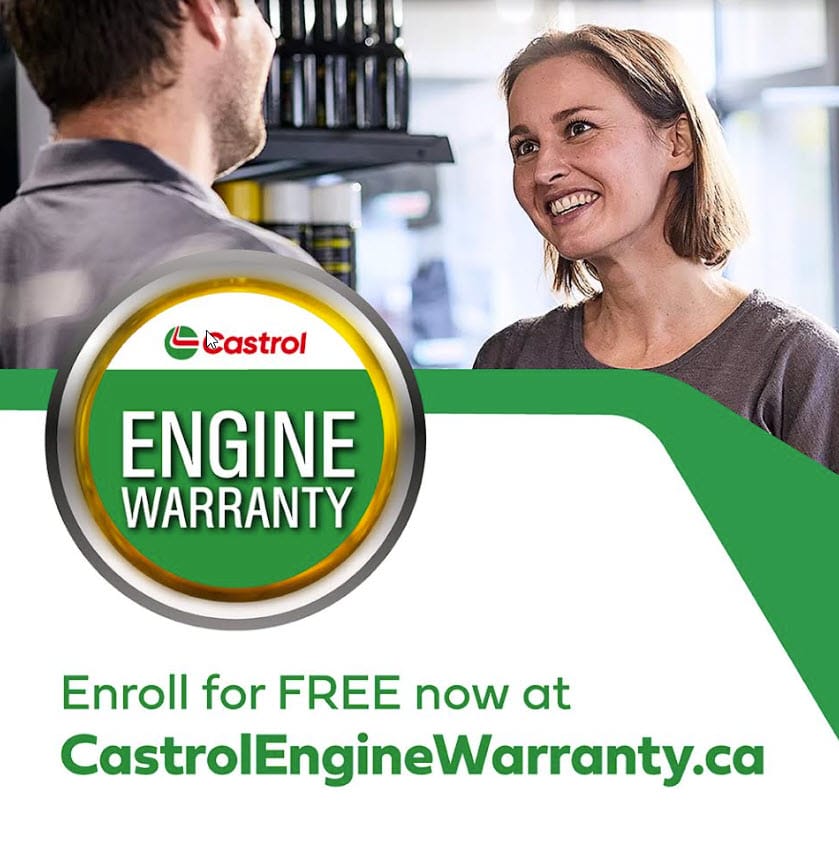 A woman smiles while chatting with a EuroMechanic in a store. The image highlights Castrols automotive engine warranty, featuring a circular badge. A banner at the bottom encourages: Enroll for FREE now at CastrolEngineWarranty.ca. EuroMechanic | McDermott Motors Auto | Top Reviewed Auto Repair Shop in Toronto | Visit mcdermottmotors.com