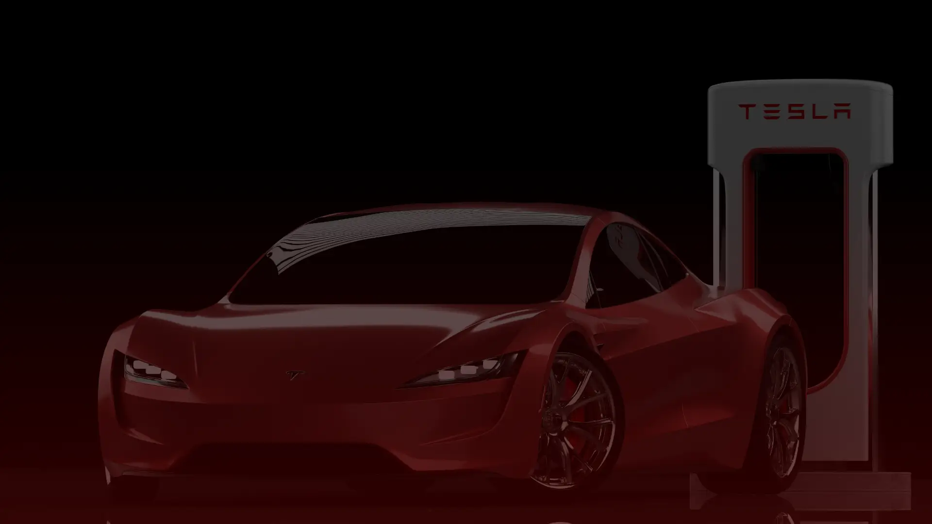 A sleek, red electric car is parked next to a Tesla charging station against a dark background. Its futuristic and aerodynamic design showcases prominent headlights and a low-profile body, masterfully engineered by Tesla mechanics in Toronto for optimal performance. EuroMechanic | McDermott Motors Auto | Top Reviewed Auto Repair Shop in Toronto | Visit mcdermottmotors.com