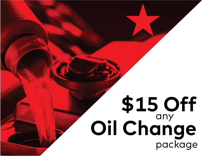 A promotional image featuring red-toned graphics with a bottle pouring liquid, suggesting oil. A red star is above the text offering $15 Off any Oil Change package. The background is diagonally split with white on the right side. EuroMechanic | McDermott Motors Auto | Top Reviewed Auto Repair Shop in Toronto | Visit mcdermottmotors.com