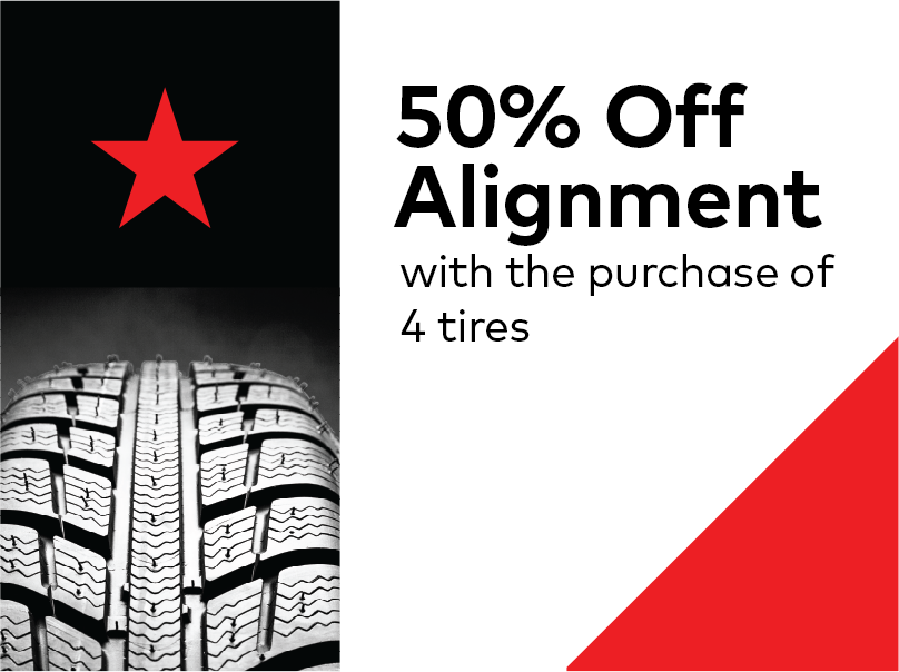 The image features a tire tread pattern on the left, alongside text that reads: 50% Off Alignment with the purchase of 4 tires. A red star is positioned above the tire, and a red triangle is at the bottom right corner. EuroMechanic | McDermott Motors Auto | Top Reviewed Auto Repair Shop in Toronto | Visit mcdermottmotors.com