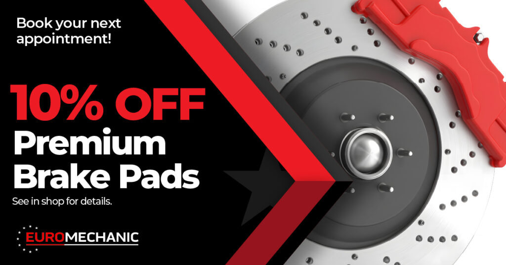 Advertisement with a close-up of a car brake disc and red brake caliper. Text reads: “10% OFF Premium Brake Pads. Book your next appointment! EURO MECHANIC. See in shop for details.”. EuroMechanic - McDermott Motors | Top Reviewed Auto Repair Shop in Toronto | Visit EuroMechanic - McDermott Motors
