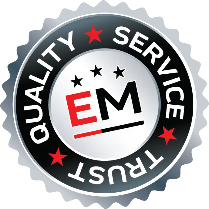A round silver and black badge with red stars. The center shows the letters EM with three black stars above. The border reads SERVICE, QUALITY, and TRUST in white uppercase letters—ideal for Auto Repair Mechanics Toronto. EuroMechanic - McDermott Motors | Top Reviewed Auto Repair Shop in Toronto | Visit EuroMechanic - McDermott Motors